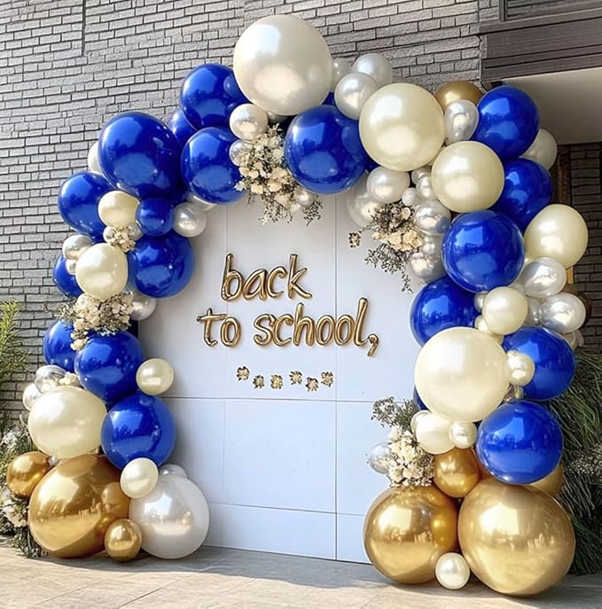 Royal Blue and Gold Balloon Garland - Double Stuffed Pearl Sand White Blue Gold Balloons Arch Kit for Birthday Graduation Anniversary Bachelor Wedding Baby Shower Party Decoration