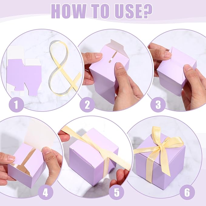 Jutom 100 Pcs Mini Favor Boxes Extra Small Candy Boxes Paper with Gold Ribbon for Baby Shower Birthday Wedding Anniversary Supplies(2 x 2 x 2 Inch,Lavender)