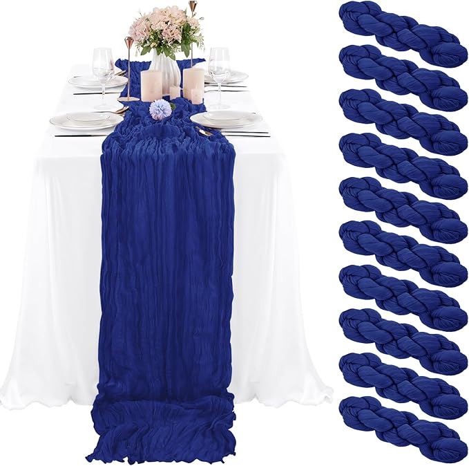 10 Pcs Royal Blue Cheesecloth Table Runner 10FT, Gauze Table Runner for Wedding Reception Sheer Bridal Shower Birthday Party Boho Table Decoration, Rustic Romantic Wedding Runner