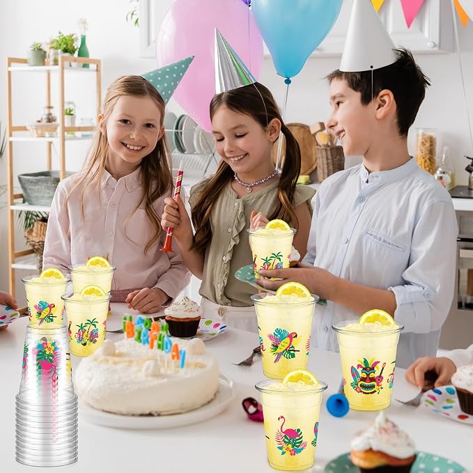 FoldTier 50 Pcs Summer Hawaiian Cups 12 oz Plastic Tropical Luau Glasses Clear Tiki Beach Disposable Glasses Flamingo Drinking Cups for Home Kitchen Summer Tiki Theme Party Favors Supplies Decoration