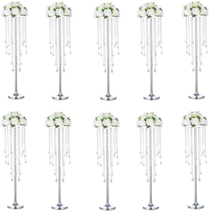 Bigsee 10 Pcs 29.5 inches Crystal Flower Stand Wedding Centerpieces for Tables, Tabletop Silver Metal Flower Arrangement Holder, Elegant Bulk Metal Vases for Reception Ceremony Decoration