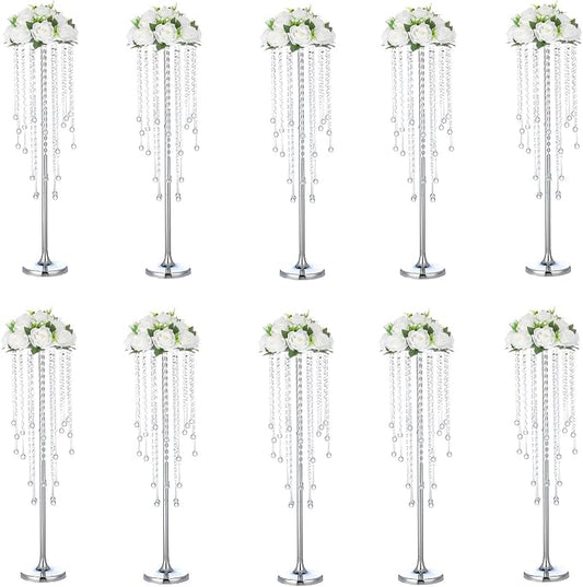 Bigsee 10 Pcs 29.5 inches Crystal Flower Stand Wedding Centerpieces for Tables, Tabletop Silver Metal Flower Arrangement Holder, Elegant Bulk Metal Vases for Reception Ceremony Decoration