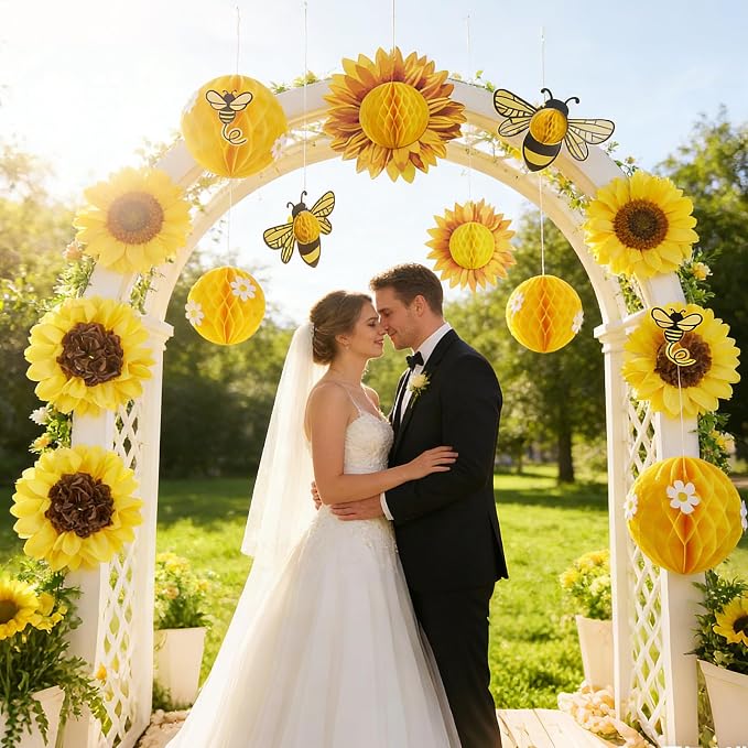 SUNBEAUTY Sunflower Party Decorations 3D Bee Honeycomb Hanging Decor Yellow Tissue Paper Flowers Birthday Yellow Sunflower Ceiling for Classroom Bulletin Board Wall Baby Shower Summer Garden Party