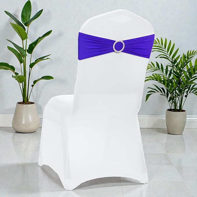 VDS - Royal Blue | Spandex Chair Sashes Bows | 100 PCS | Stretch Elastic Banquet Universal Folding Chair Band Tie with Silver Buckle Slider for Wedding Party Conference Celebration Event Decoration