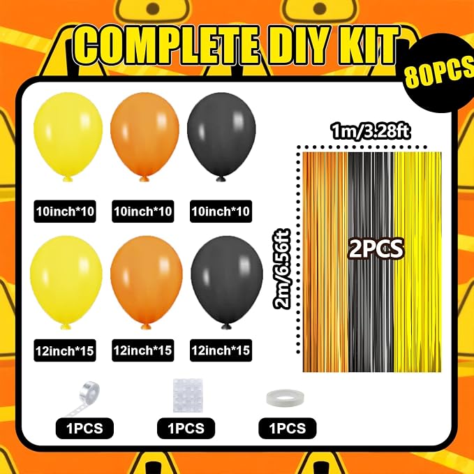 Construction Balloon Garland Arch Kit Birthday Party Decorations Supplies, Yellow Orange Black Foil Fringe Curtains Backdrop Tinsel Streamer Photo Booth Props Truck Car Themed Party Decor