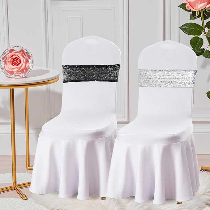 Eternal Beauty Set of 50 Black Chair Sashes Band Bows Sequin Chair Sashes for Wedding Cover Decorations
