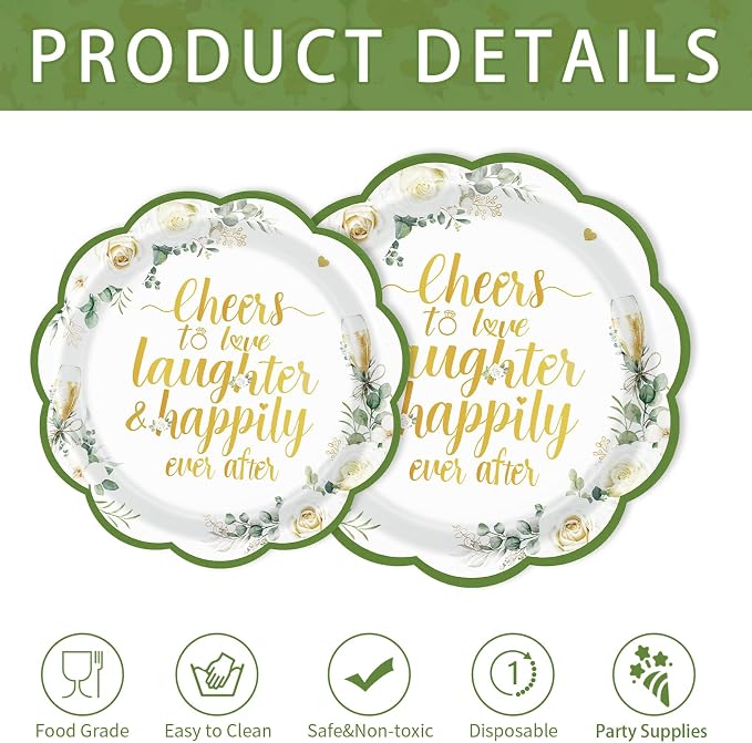 250Pcs Eucalyptus Leaves Bridal Shower Party Supplies Sage Green Cheers to Love Laughter and Happily Ever After Plates and Napkins for Wedding Engagement Party Decorations Serve 50