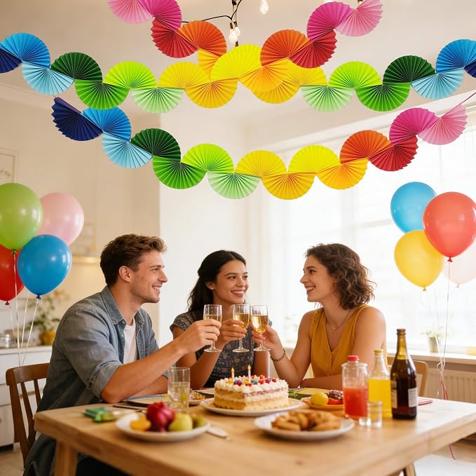 Rainbow Paper Fan Garland - Set of 3 Reusable Party Decorations for Birthday, Baby Shower, Bachelorette, Wedding, 1.6m Each, Easy Hang Backdrop Decor (3 Pack)