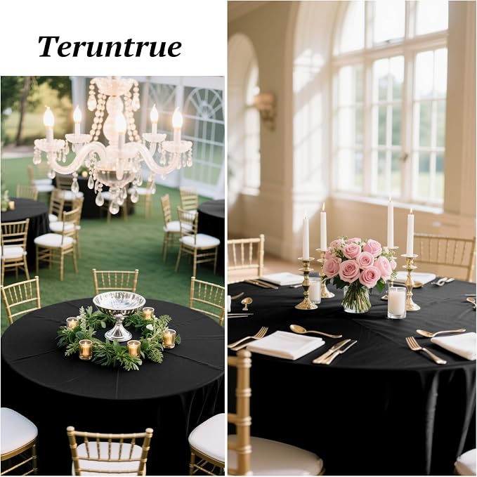 Teruntrue 12 Packs Black Round Tablecloths 120 inch Round Table Cloth, Washable Polyester Fabric for Wedding Parties Banquet Holiday Dinner Table Decorative, Black