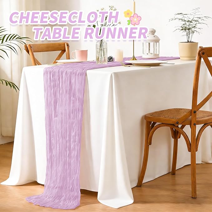6 Pack Cheesecloth Table Runner,Light Purple Table Runner Long Romantic Semi Sheer Rustic Boho Gauze Table Runners for Wedding Bridal Shower Birthday Party Decorations(17.7×108 Inch)