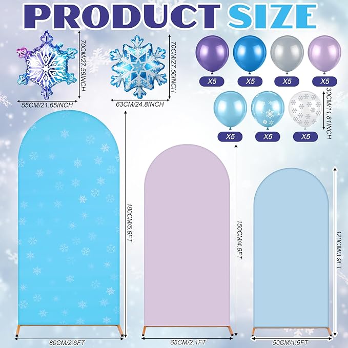 Foilswirl 34 Pcs Winter Party Wonderland Decorations 4ft 5ft 6ft Snowflake Arch Backdrop Covers Wonderland Spandex Arch Backdrop Blue Purple Balloon for Winter Birthday Princess Themed Party Decor