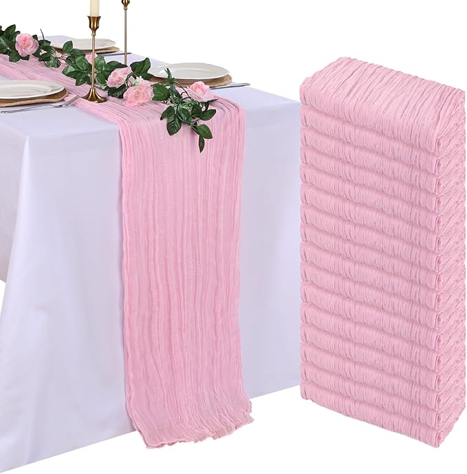 16 Pack Pink Cheesecloth Table Runner 10ft Boho Gauze Fabric 120 Inch Cheese Cloth Table Runner Rustic Sheer for Holiday Baby Shower Party Décor Home Wedding Decoration