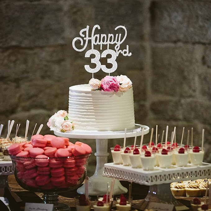 LINGTEER Happy 33rd Birthday Silver Rhinestone Cake Topper - Cheers to 33rd Birthday 33 Years Old Anniversary Party Cake Centerpieces Topper Decorations Gift Sign.