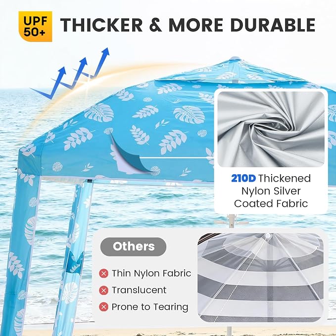 Zeraty Beach Cabana 8'×8', Portable Beach Canopy with Side Wall, UPF 50+ Silver-Coated Beach Tent Sun Shelter Easy Pop Up, Wind Resistant Adjustable Height Beach Umbrella Tent for Family, Lagoon