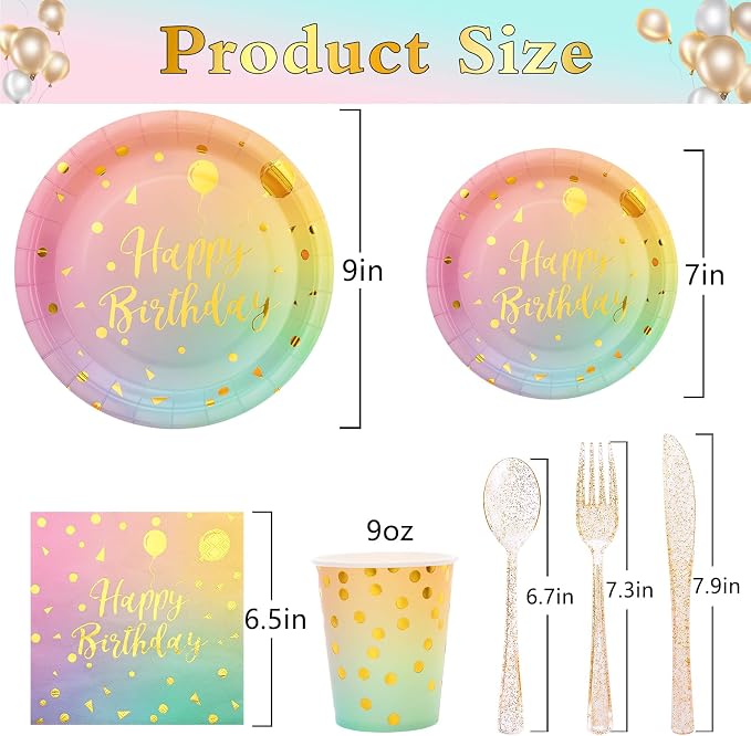 175PCS Pastel Birthday Decorations,Birthday Plates and Napkins Party Supplies,Disposable Rainbow Birthday Plates,Pastel Paper Plates for Girl Women Birthday Party Decorations,Serves 25 Guests