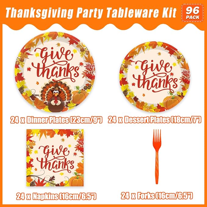 Kepeel 96 Pcs Fall Thanksgiving Party Supplies Give Thanks Party Plates Fall Pumpkin Turkey Autumn Party Plates Napkins Set Disposable Dinnerware Tableware for Thanksgiving Dinner Party, Serves 24
