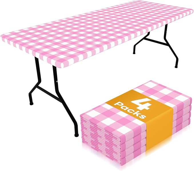 Smiry Picnic Table Cloth 4 Pack, Waterproof Elastic Fitted Tablecloths for 4FT Rectangle Tables, Washable Polyester Buffalo Plaid Tablecloth for Camping, Dining & Outdoor (Pink & White, 30" x 48")
