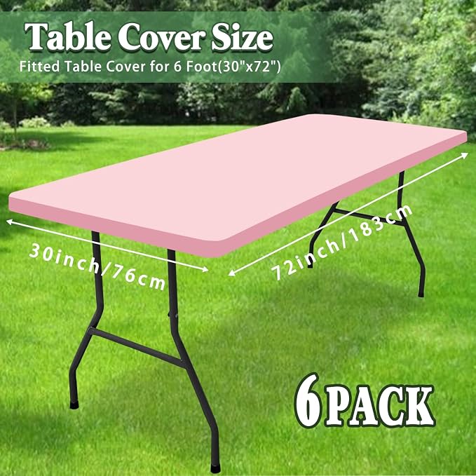 6 Pack Picnic Table Cover Fitted Elastic Tablecloth for 6 Foot Rectangle Tables Waterproof Stretch Washable Folding Indoor and Outdoor Spandex Table Cloth for Parties Camping (Pink,30" x 72")
