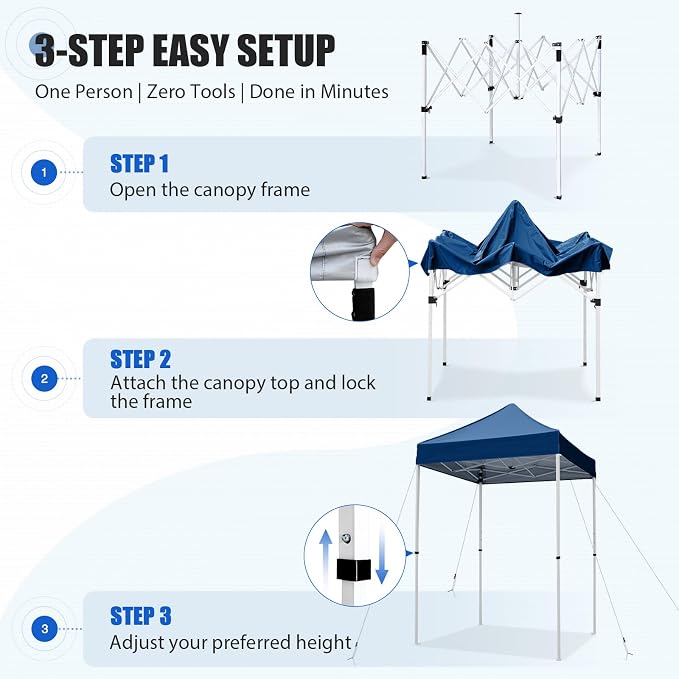 EAGLE PEAK 5x5 Pop Up Canopy Tent Instant Outdoor Canopy Easy Set-up Straight Leg Folding Shelter, Dark Blue