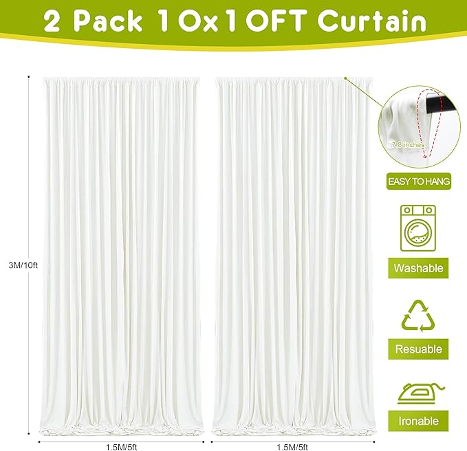 Wokceer Ivory Backdrop Curtain for Wedding Parties 2 Pack 10x10FT Wedding Curtains Photo Backdrop Drapes Polyester for Photoshoot Baby Shower Birthday Party Curtains Background 4 Panels 5x10FT