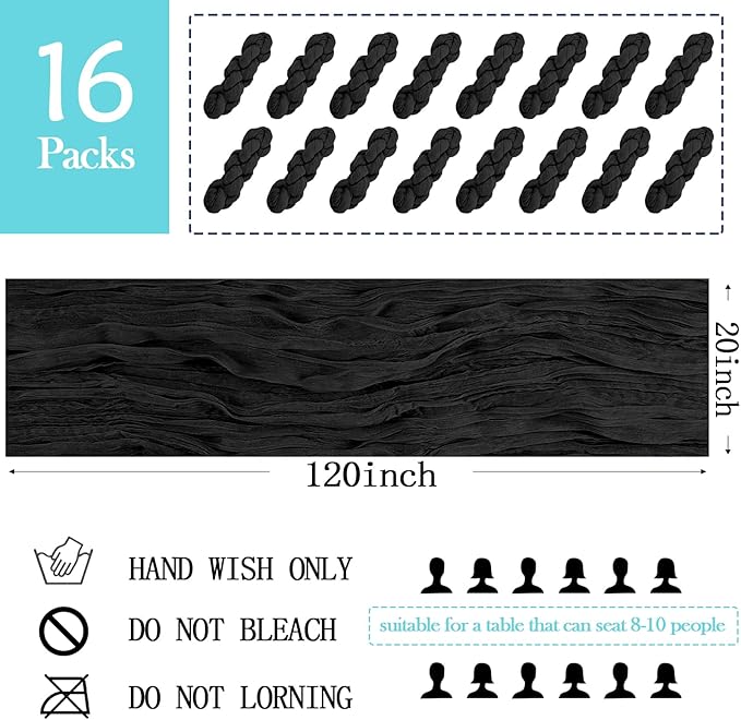 16 Pack Black Cheesecloth Table Runner 20 x 120 inch Gauze Table Runners 10 FT Long,Semi Sheer Boho Cheese Cloth Fabric Table Runner Bulk for Wedding,Party,Baby Shower,Bridal Shower Decoration
