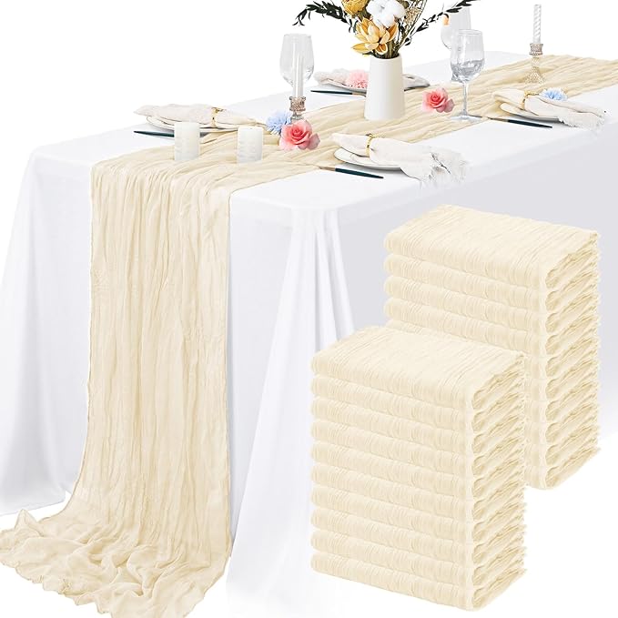 8 Pack Ivory Cheesecloth Table Runner 10FT Long Boho Gauze Fabric Table Runner Vintage Rustic Sheer Runners for Wedding Party Bridal Baby Shower Table Decorations
