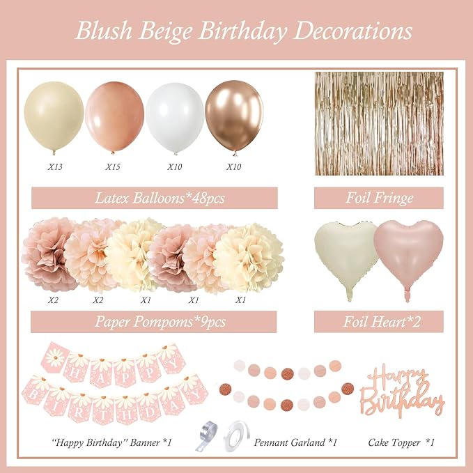 Blush Beige Birthday Decorations, Party Décor for Women, Boho Party Decorations, Daisy Flower Birthday Banner, Champagne Fringe Curtain