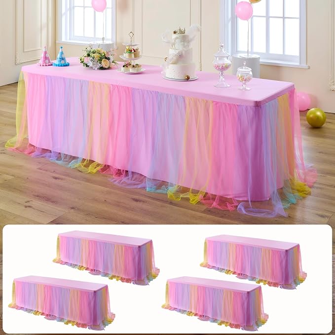 4 pk 8ft Rainbow Tulle Tablecloth for Rectangle Tables, 2-in-1 Pastel Color Table Covers with Tulle Skirt,Wrinkle Free Stretchy Ruffle Tulle Table Cloths Fitted for Wedding Party Banquet Vendor