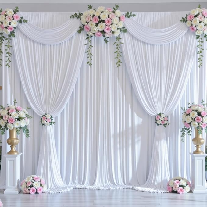 30ftx12ft Wrinkle Free White Backdrop Curtains for Parties, 6 Panels 5x12FT Long Silky Polyester White Photo Backdrop Drapes Back Drop Cloth for Wedding Birthday Photography Background Decor