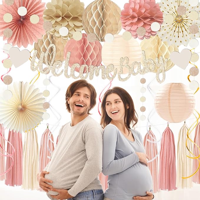 Dusty Pink Boho Baby Shower Party-Decorations Beige Champagne Girl Welcome Baby Banner Décor With Honeycomb Balls Paper Flowers Lanterns Pompom Fans Hanging Swirls Tassel Garland Party Backdrop