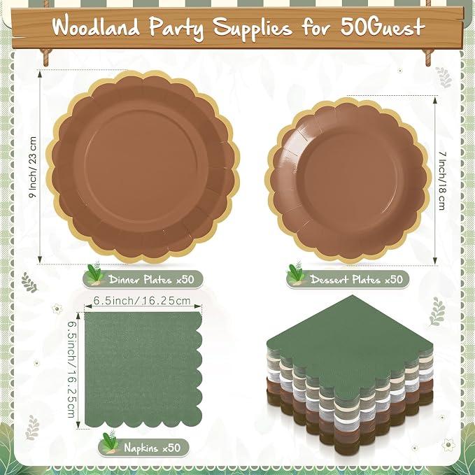 Zhehao 150 Pcs Woodland Plates and Napkins Tableware Serves 50 Includes 9 Inch 7 Inch Green and Brown Scalloped Design Paper Plate and Napkins for Wedding Birthday Baby Shower Party