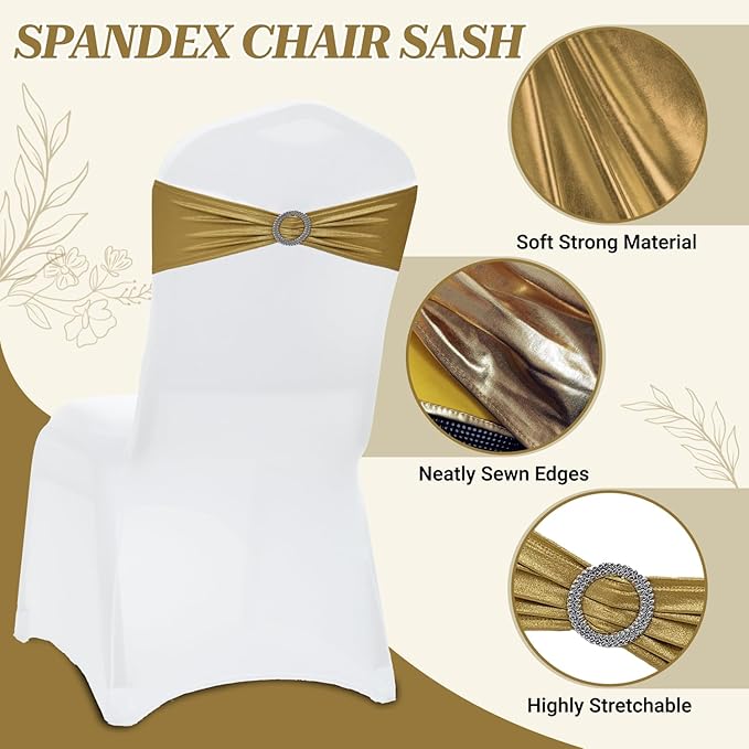 VDS - Gold Glitter | Spandex Chair Sashes Bows | 125 PCS | Stretch Elastic Banquet Universal Folding Chair Band Tie with Silver Buckle Slider for Wedding Party Conference Celebration Event Decoration