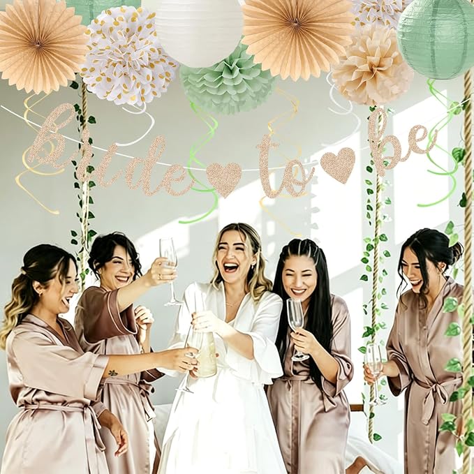 Sage-Green White Bridal-Shower Bachelorette Party-Decorations - 22pcs Gold Bride To Be Banner, Paper Lanterns Streamers, Tissue Pom Poms Flowers Fans Wedding Camp Theme Decor Backdrop Hugmoon