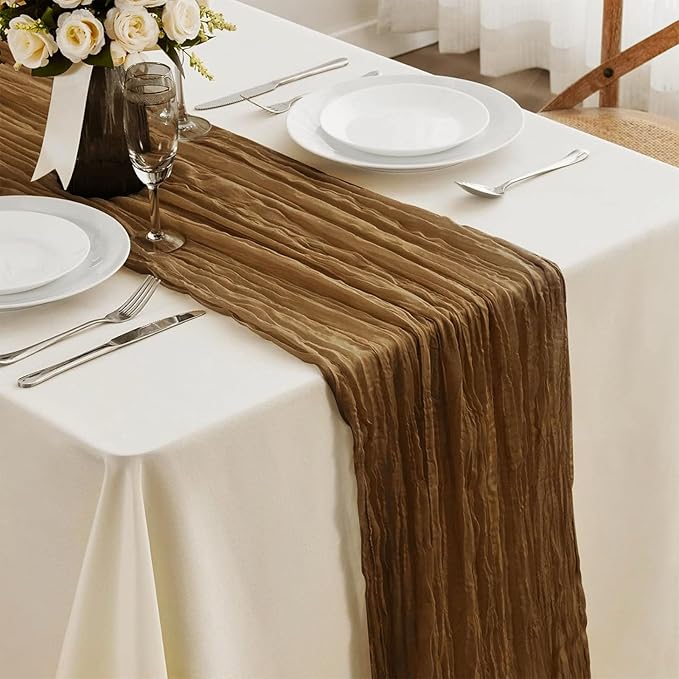 Brown Cheesecloth Table Runner 21x120 Inch Gauze Table Runners Reusable Polyester 10ft Boho Rustic Cheese Cloth Table Runner for Wedding Party Baby Shower Birthday