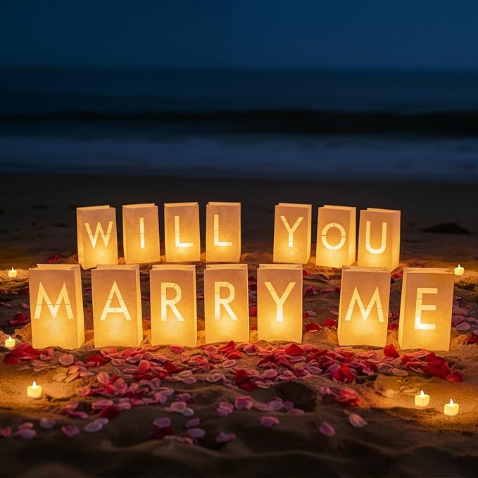 Will You Marry Me Light Up Letters Luminary Bags, Marry Me Sign Banner, Romantic Proposal Decoration Kit with 30PC Bright LED Candles and 2000PC Fake Rose Petals