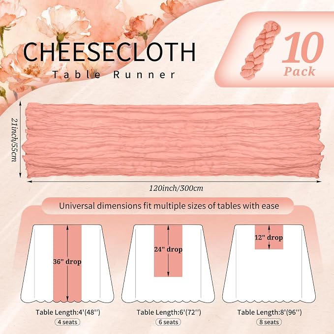 10 Pack Coral Cheesecloth Table Runner 10FT Boho Gauze Cheese Cloth Table Runners Romantic Rustic Sheer Table Decorations for Wedding Party Baby Shower Birthday Holiday Home
