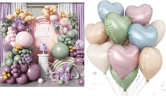 Dusty Green Pink Balloon Arch Kit with Pastel Heart Foil Balloons Set Fairy Wonderland Party Decorations, 10PCS Rainbow Heart Helium Balloons Garland for Girls Birthday Baby Shower Wedding Tea Party