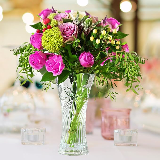 CS Crystal Vase 12-inch high, Coconut Flower Design, for Flowers & Decor. Lovely Nice Shiny Piece. Perfect as a Gift, Suitable for All Occasions.