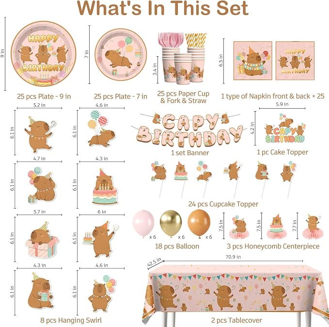 Xynic 208Pcs Capybara Birthday Decorations Tableware Set - Serves 25 Guests - All-in-One Kit with Balloons, Banner, Cake Toppers, 350gsm Plates, Tablecloths, Backdrop, and Honeycombs