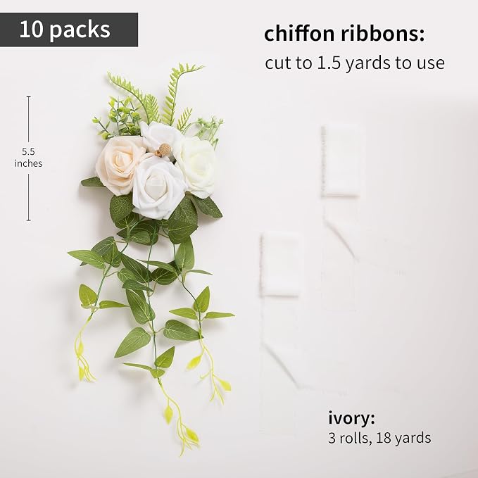 DORIS HOME Wedding Chair Decorations White Pew Flowers Set of 10 for Wedding Ceremony Party Aisle Decor with Artificial Flowers Eucalyptus and Ribbons