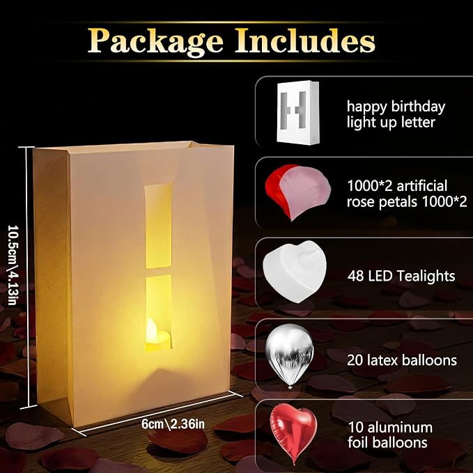 Happy Birthday Decorations, Happy Birthday Decoration for Men Women, Happy Birthday Light up Sign with 48pcs Tea Candles, 20pcs Latex Balloons, 10pcs Aluminum Balloons, 2000pcs Rose Petals