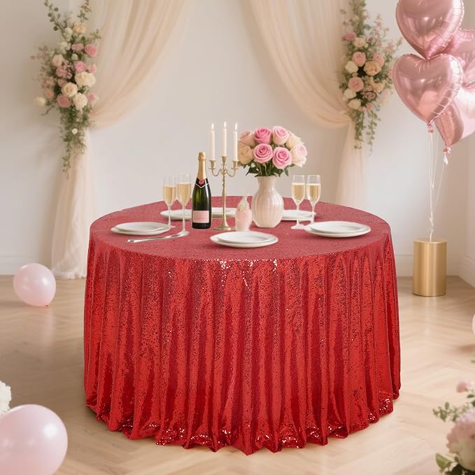 Eternal Beauty Red Tablecloth, 120 Inch Round Sequin Tablecloth for Mother's Day Party Cake Dessert Table Exhibition Events