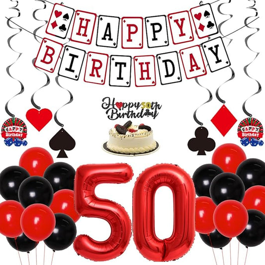 Casino 50th Birthday Party Decorations, Number 50 Balloon, Happy Birthday Banner and Cake Topper, Hanging Swirls for Adults Casino Night, Poker Theme Party Supplies