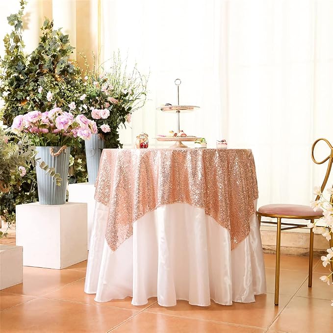 Eternal Beauty Rose Gold Tablecloth, 50x50 Inch Square Rectangle Table Cover for Mother's Day Cake Dessert Exhibition Party Birthday Events