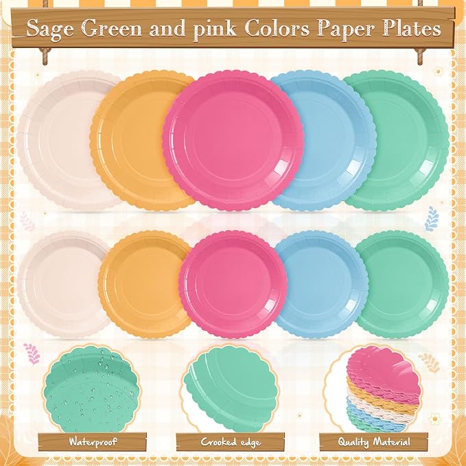 Zhehao 350 Pcs Candy Colors Party Supplies Serve 50 Colorful Pastel Disposable Tableware Kit with Plates, Cups, Napkins, Cutlery for Baby Shower, Birthday, Wedding