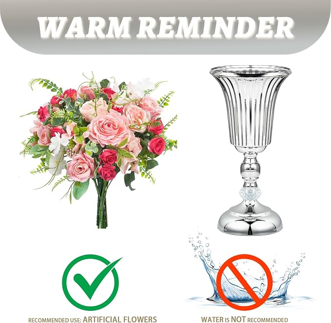 2PCS Silver Metal Flower Trumpet Stripe Vases Crystal Table Centerpieces Artificial Flower Arrangements for Anniversary Celebration/Wedding/Party/Birthday Event Aisle Home Decor