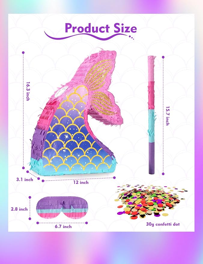 Mermaid Pinatas for Girl, Under the Sea Piñata de Sirena with Wood Stick & Blindfold, Ocean Theme Mermaid Fin and Tail Pinata for Birthday Party Decorations（16"*12"*3"）