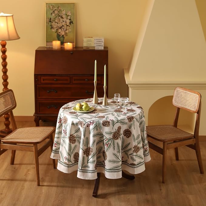 ISAENNE Designer Vintage Linen Round Tablecloth,Diameter 55"-Carol B | French Elegant Table Cloth for Round Table,Pinecones Pattern,Decor,Dining Room,Kitchen,Tea Party,Thanksgiving,Christmas