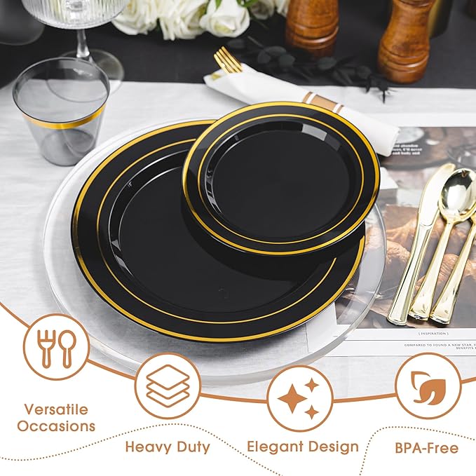 N9R 350 PCS Black Plastic Dinnerware Set for 50 Guests, Gold Plastic Plates, Disposable Plate for Party, Include: 50 Dinner & Dessert Plates, 50 Pre Rolled Napkins with Silverware and 50 Cups