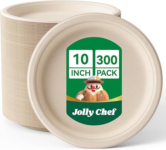 JOLLY CHEF Compostable Heavy Duty Plates 𝟭𝟬 𝗜𝗻𝗰𝗵 [𝟯𝟬𝟬 𝗣𝗮𝗰𝗸] Eco-Friendly Disposable Paper Plates Made of Bagasse Biodegradable Bulk for Party Dinner Sugarcane Thanksgiving Day (Natural)